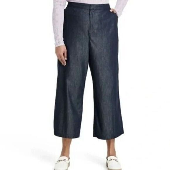 Kika Vargas Indigo Wide Leg Cropped Pants with Scalloped Pocket Size 28W/30W - Picture 1 of 5